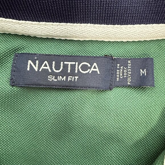 Nautica Polo Shirt Mens Med Slim Fit‎ Performance Sail Logo Green Navy White - Picture 3 of 9